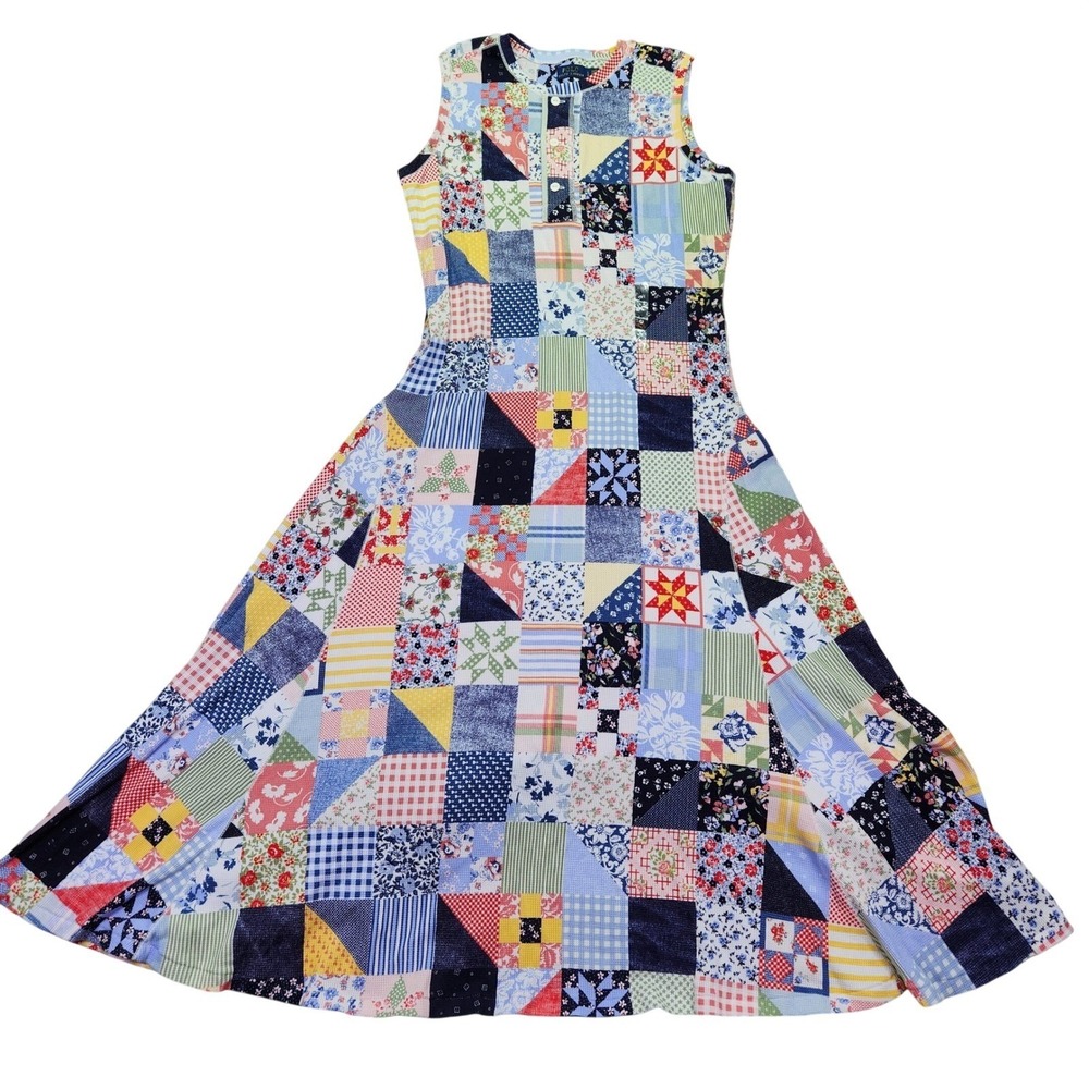 Polo Ralph Lauren Patchwork Quilt Print Waffle Knit Maxi Dress‎ Blue L RARE New